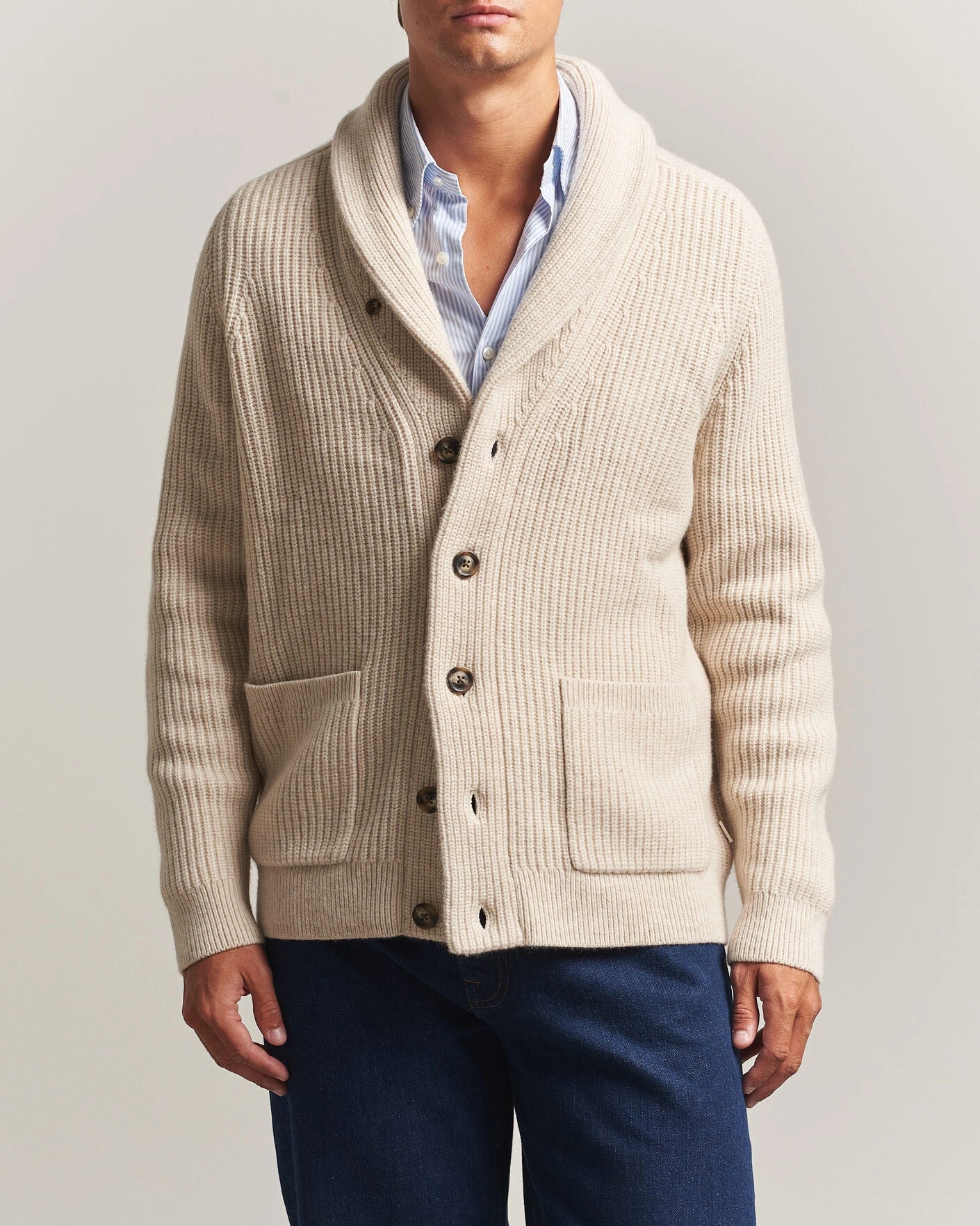RIBBED WOOL BLEND SHAWL CARDIGAN