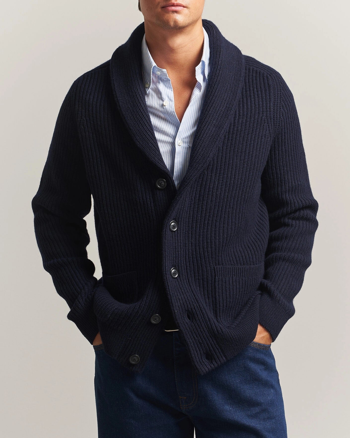 RIBBED WOOL BLEND SHAWL CARDIGAN