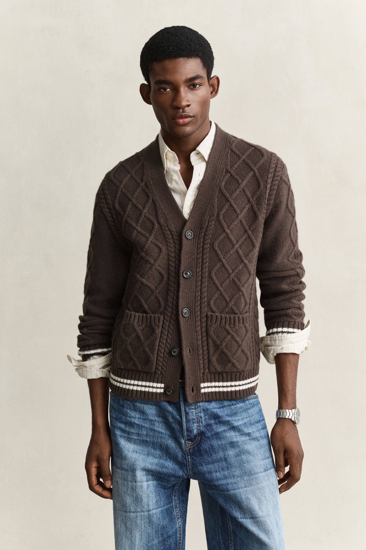 WOOL BLEND CABLE KNIT CARDIGAN